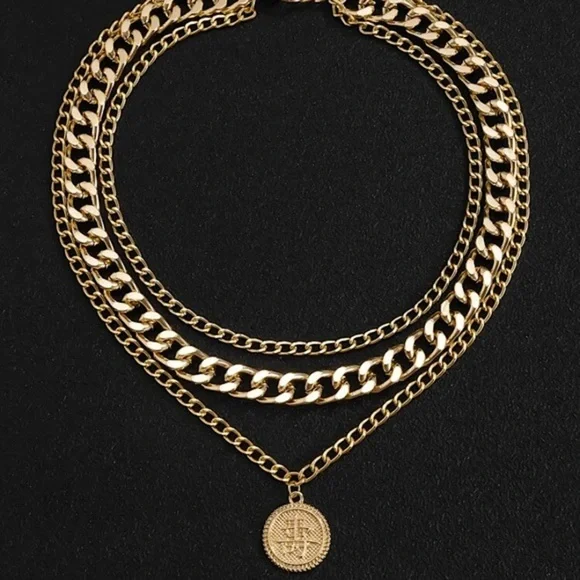 Gold Plated Round Charm Layered Necklace for Men - Picture 4 of 5